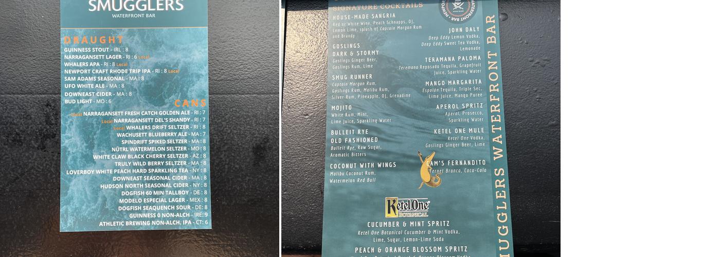 Smugglers Waterfront Bar Menu