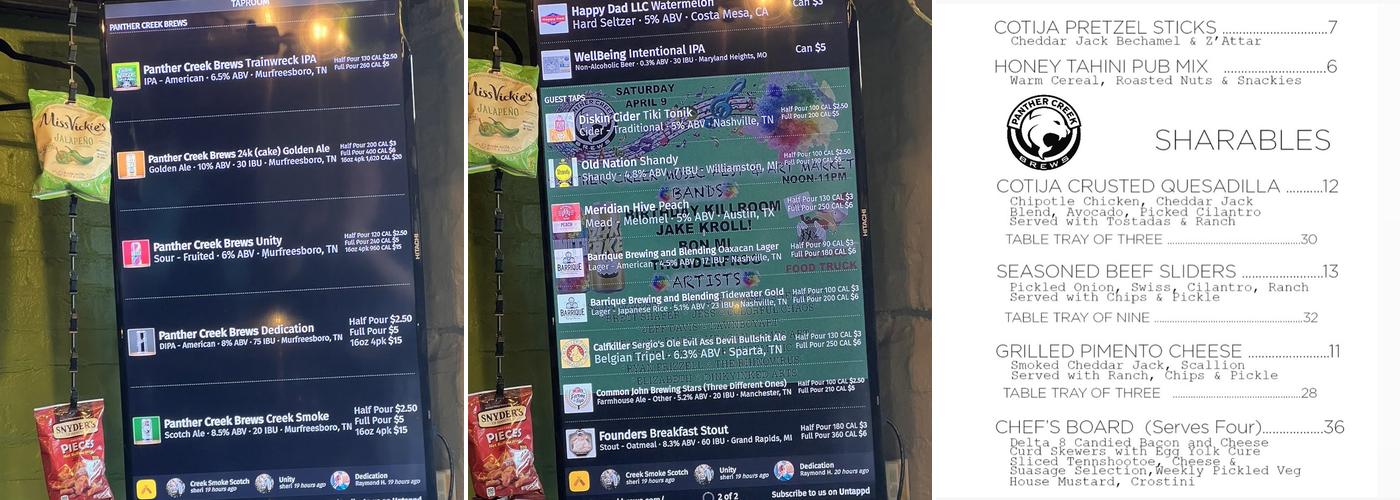 Panther Creek Brews Menu