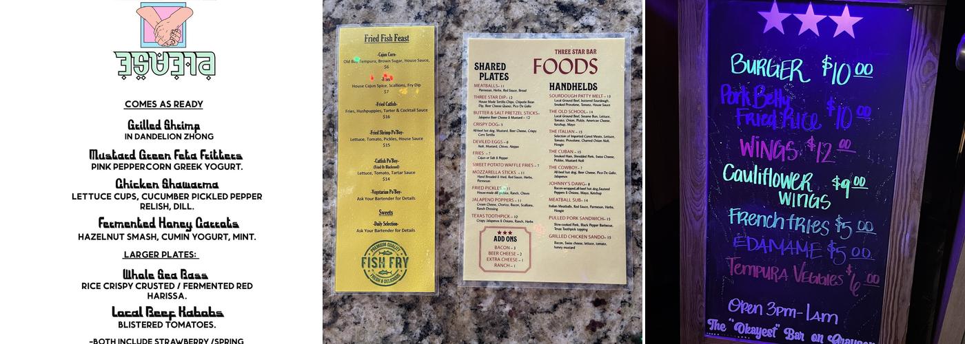 Three Star Bar Menu