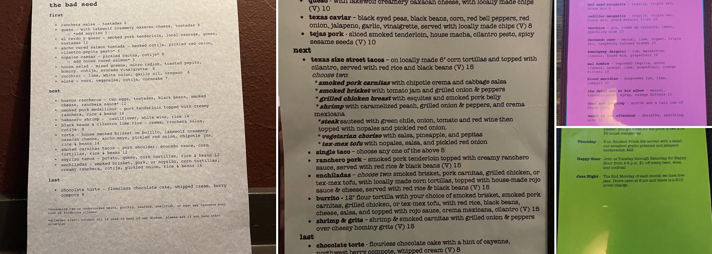 The Bad Seed Menu