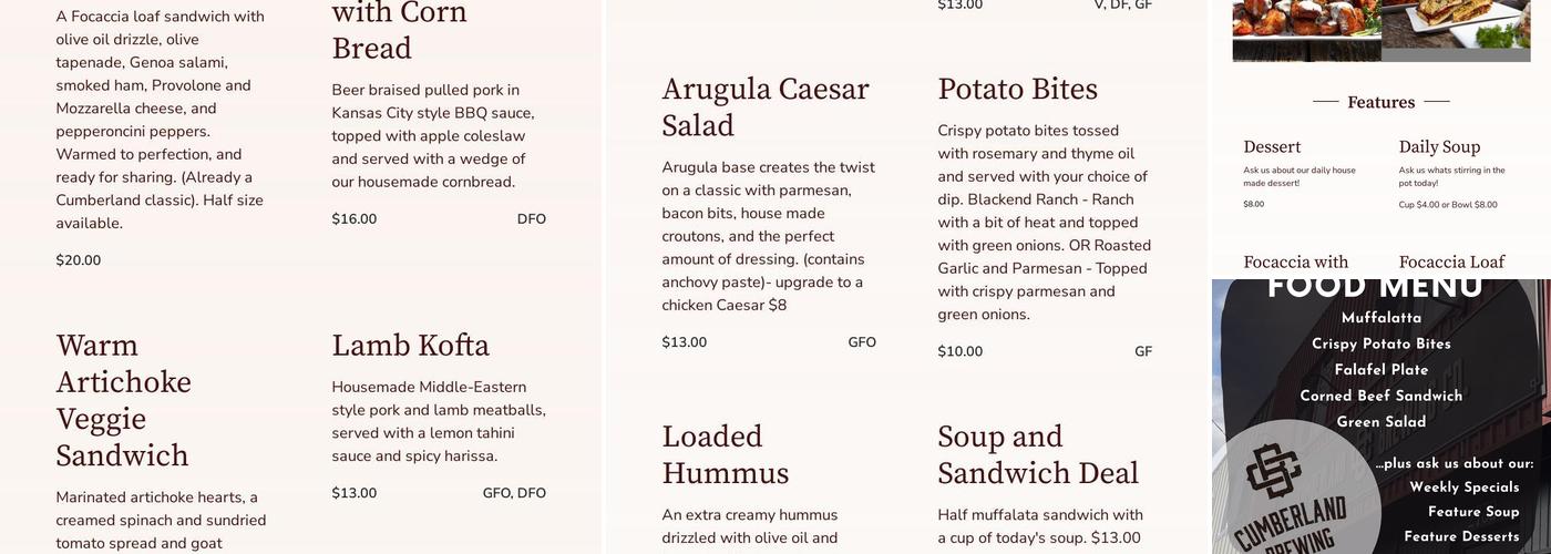 Cumberland Brewing Co. Menu