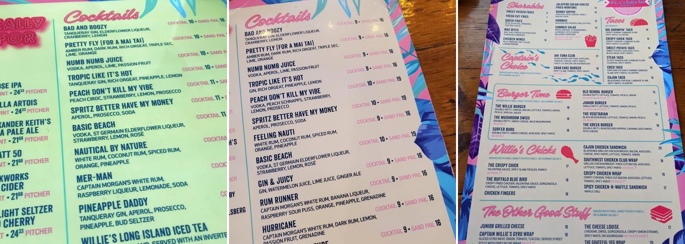 Willie’s Beach Bar Menu