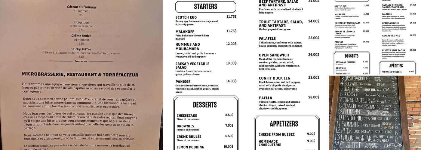 Le Temps d'une Pinte Menu