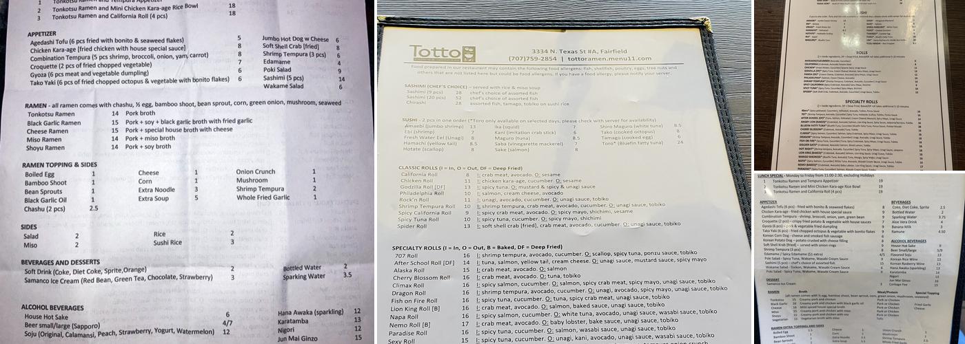 Totto Ramen & Sushi Bar Menu