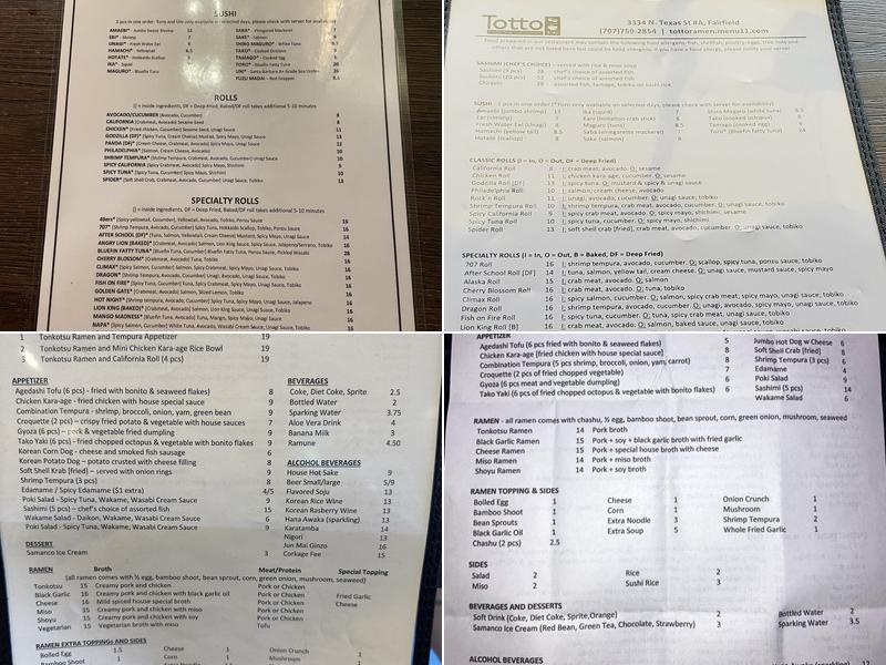Totto Ramen & Sushi Bar Menu