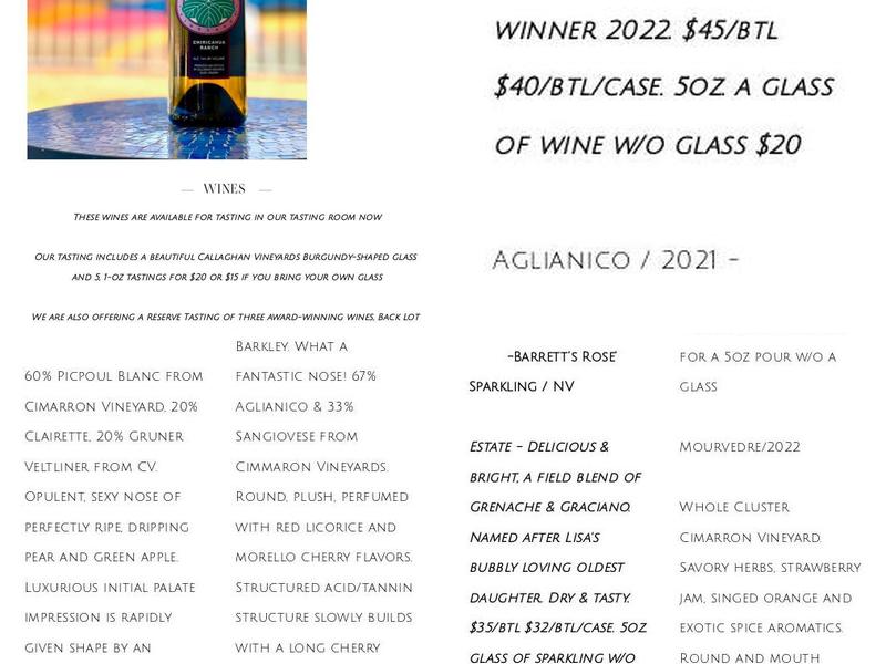 Callaghan Vineyards Menu