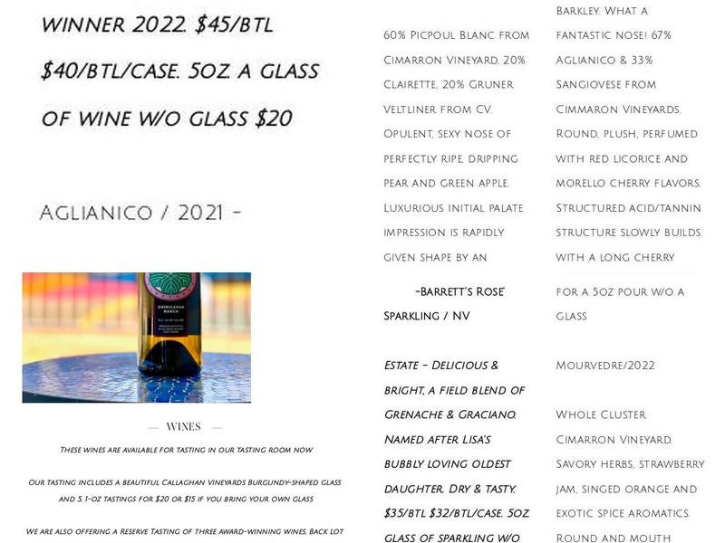 Callaghan Vineyards Menu