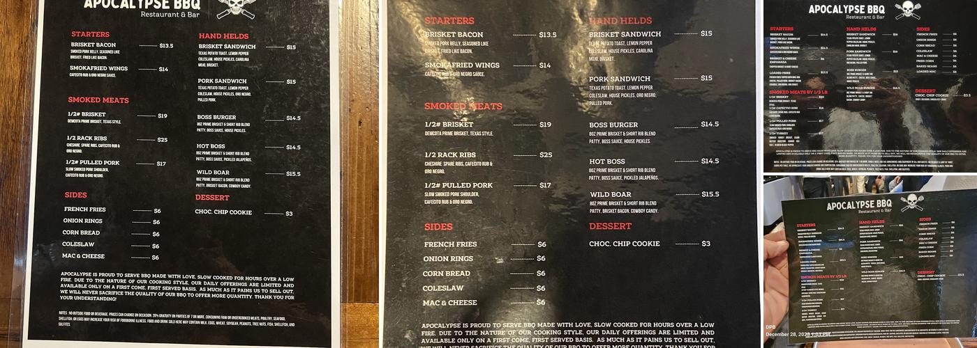 Apocalypse BBQ Menu