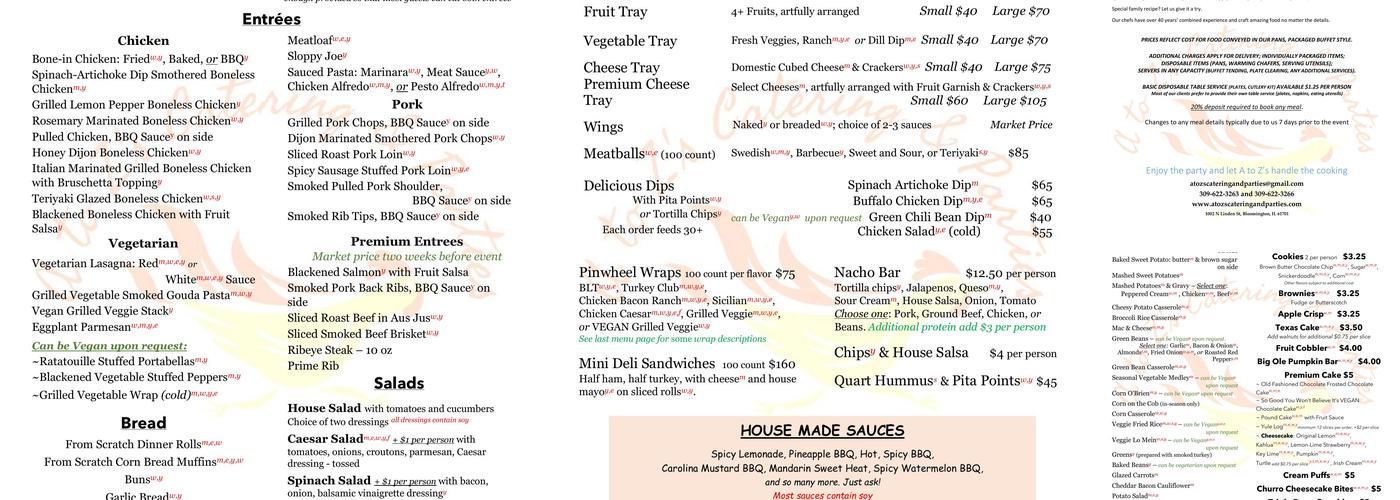 A to Z's Catering & Parties Menu