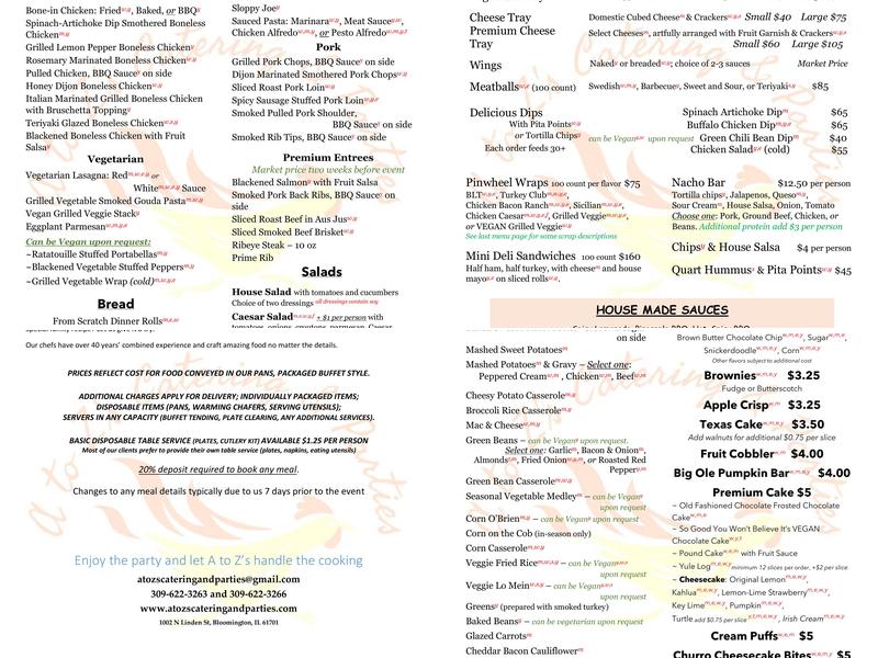 A to Z's Catering & Parties Menu