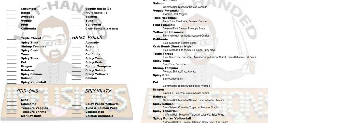 Left Handed Infusions Menu