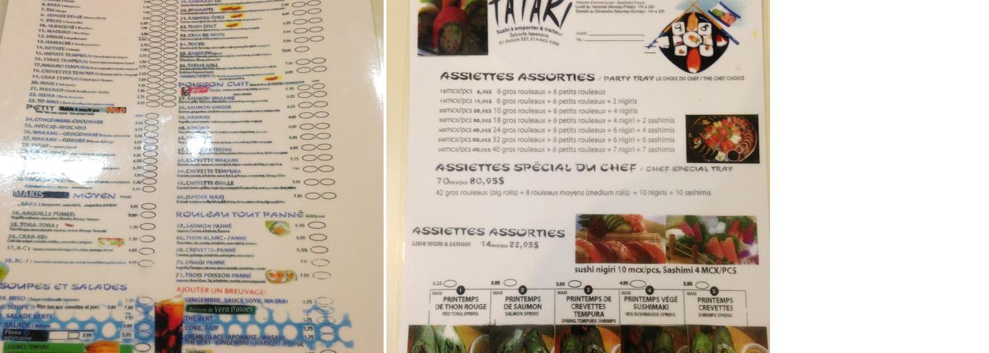 Tataki Epiceries Inc Menu