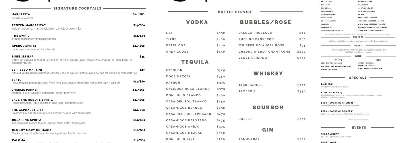 Eastpoint Bar Menu