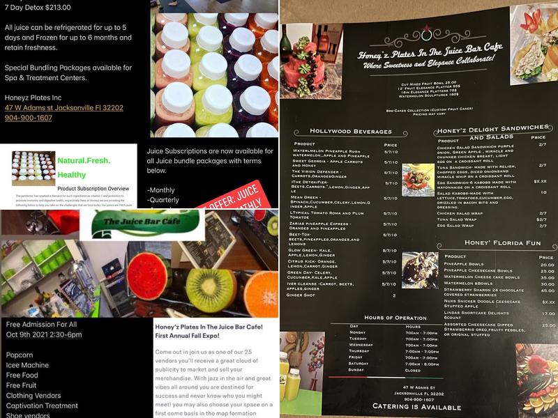 Honey’z Plates In The Juice Bar Cafe Menu