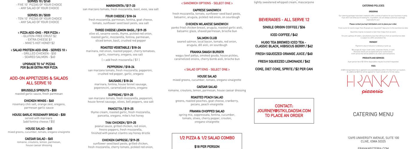 Franka Pizzeria Menu