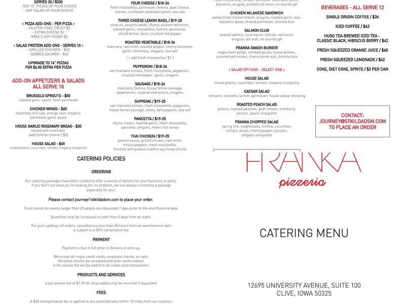 Franka Pizzeria Menu