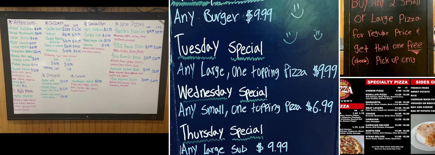 Bonilla's pizza Menu