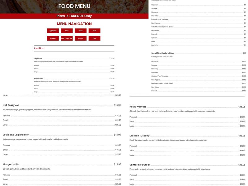 Michael's Pasta Menu