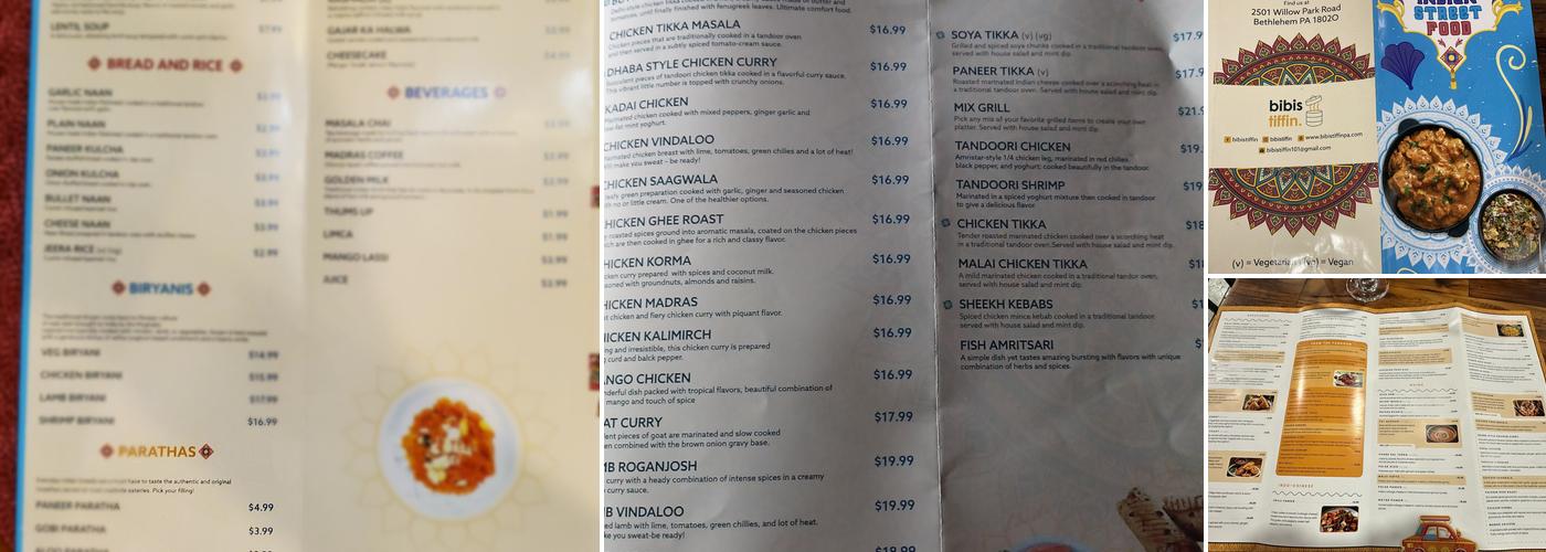 Bibi's Tiffin Menu