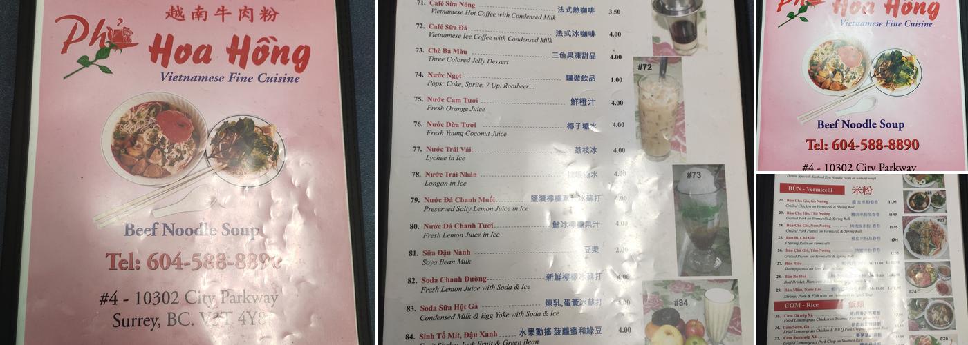 Pho Hoa Hong Vietnamese Restaurant Menu