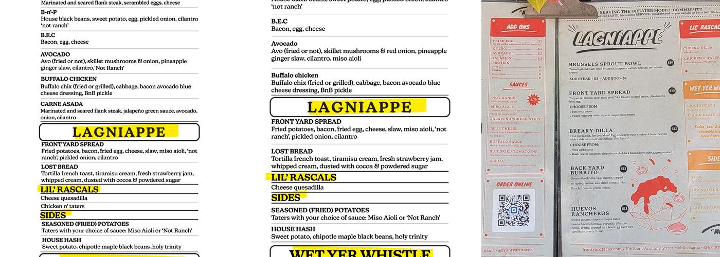 Front Yard Tacos Menu