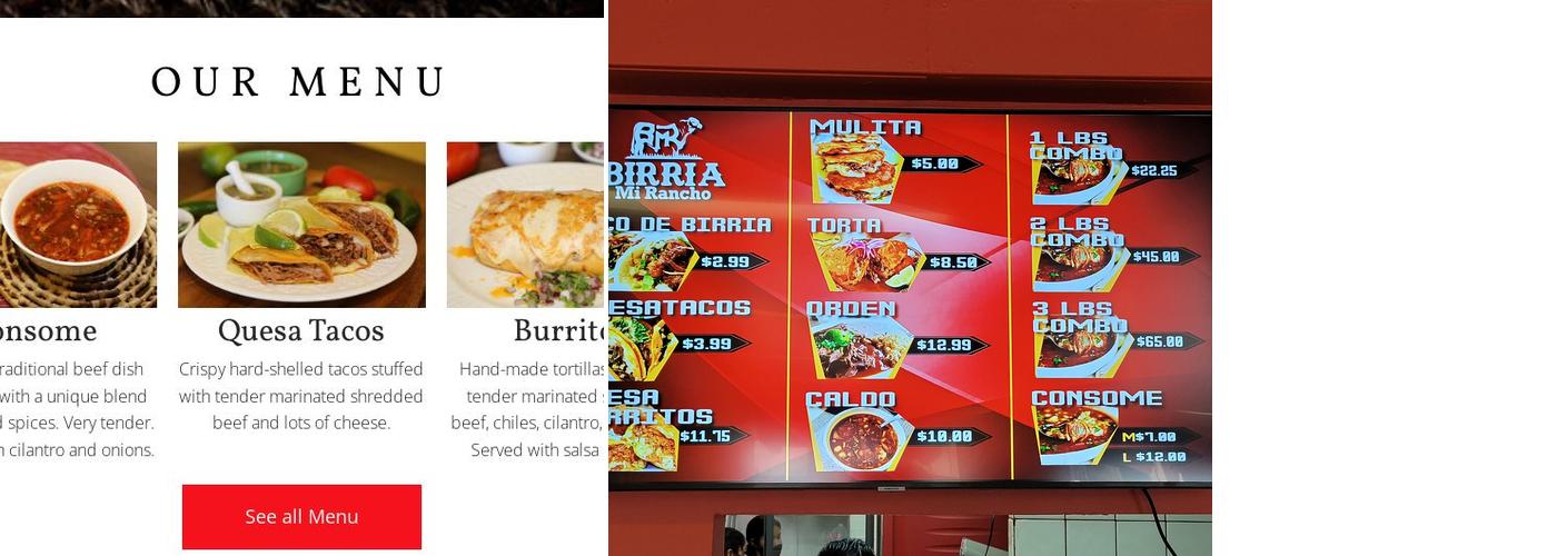 Birria Mi Rancho Menu