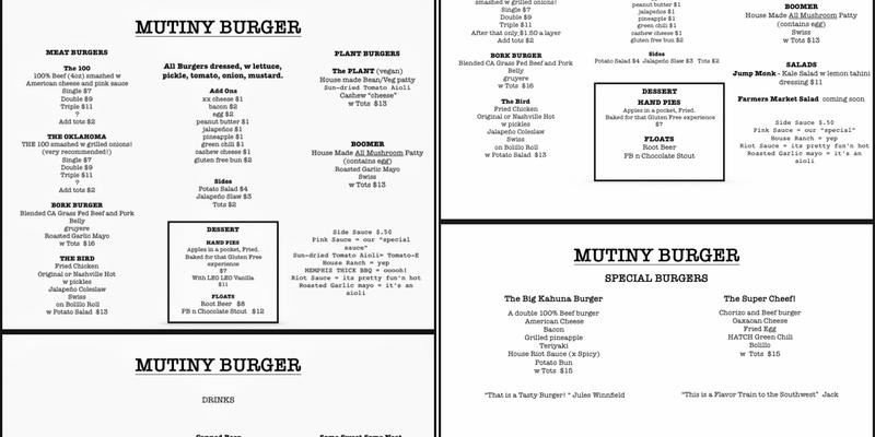 Mutiny Burger Menu