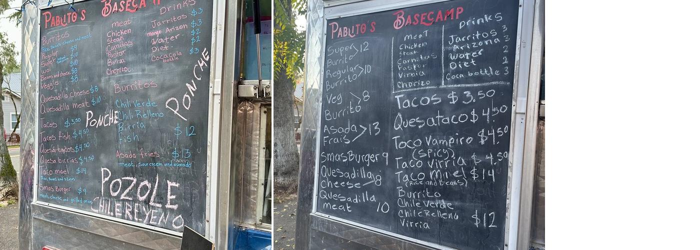 Pablito's Basecamp Menu