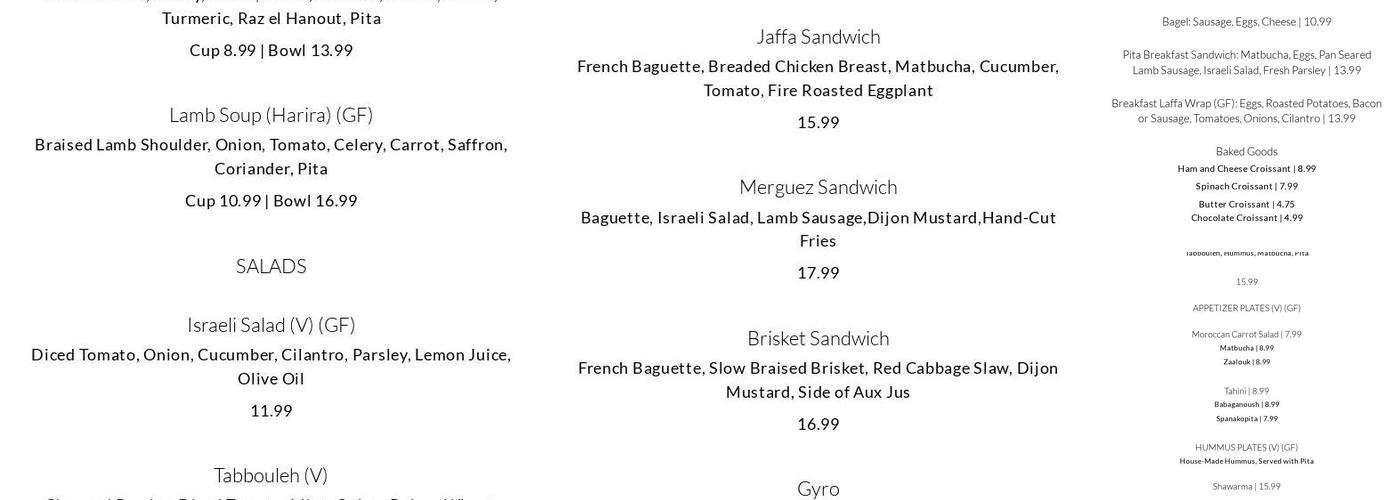 Jaffa Middle Eastern Kitchen Menu