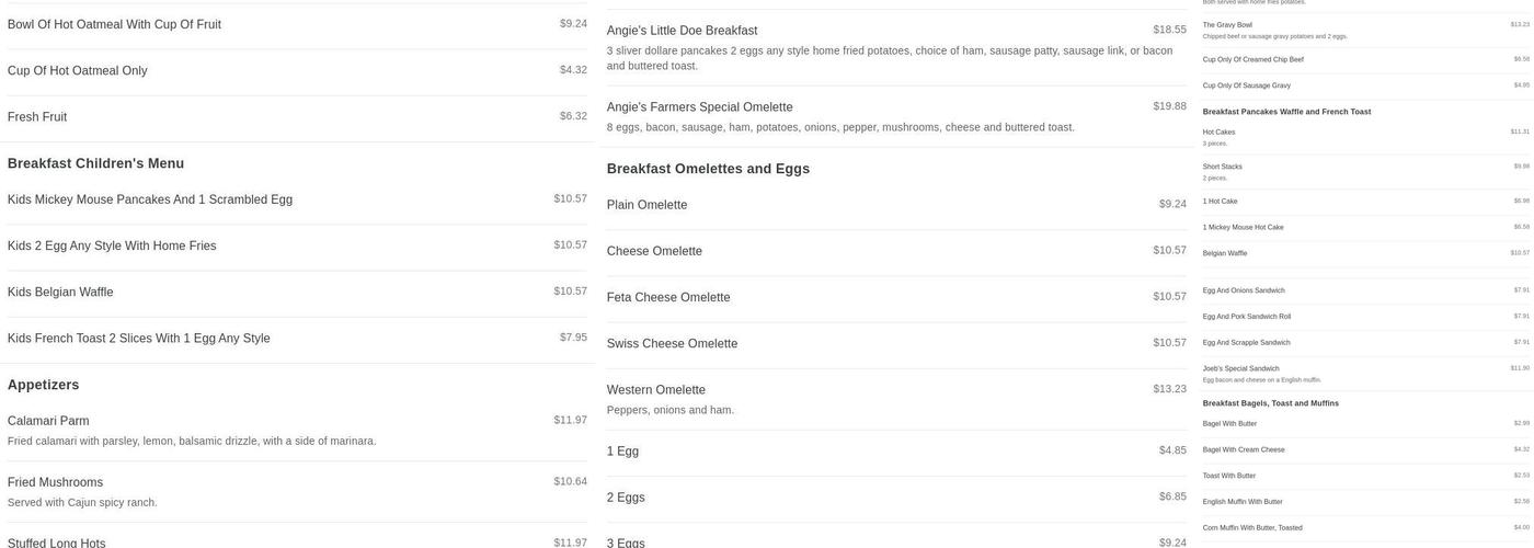 Angie's diner Menu