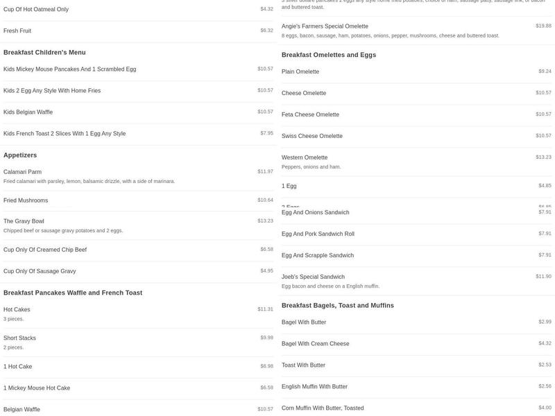Angie's diner Menu
