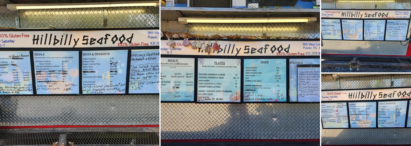 Hillbilly Seafood Menu