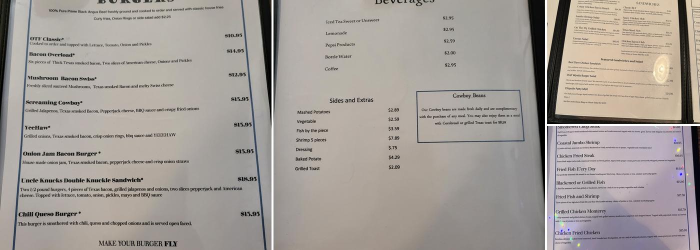 On the Fly Cafe and Bait House Menu