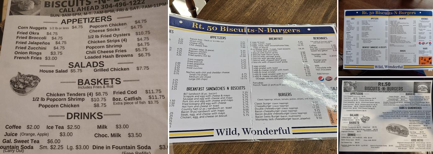 Rt.50 Biscuits & Burgers Menu