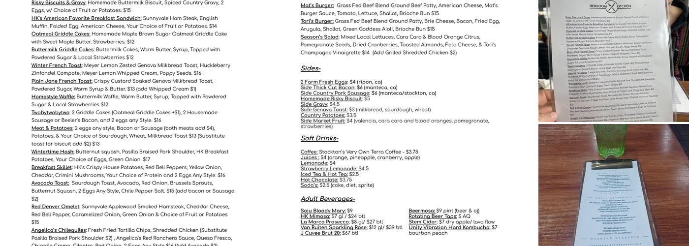 Heirloom kitchen Menu