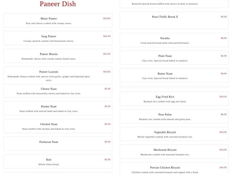 Royal Indian Tandoori Menu