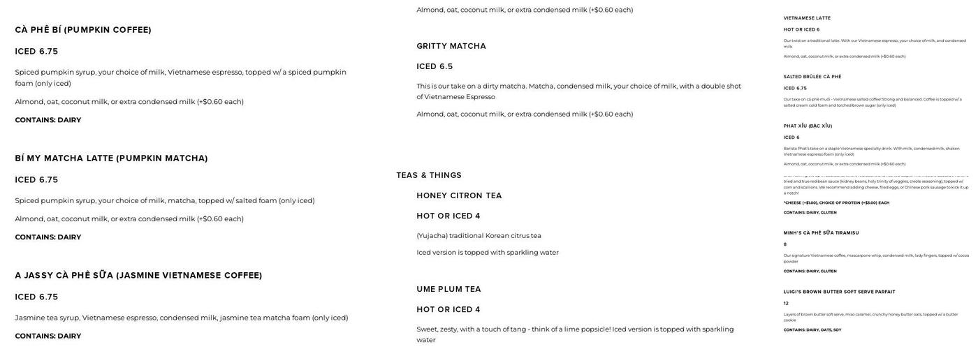 Càphê Roasters Menu