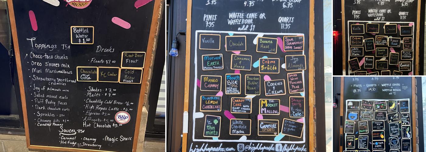 High Hopes Ice Cream Menu