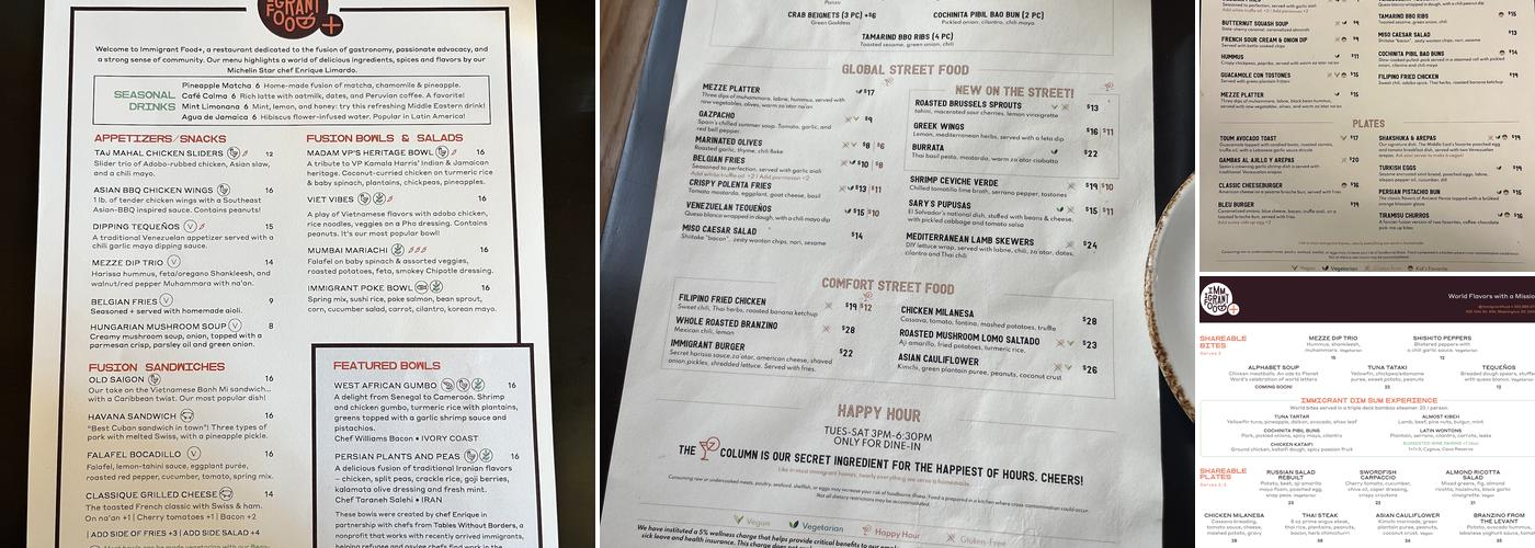 Immigrant Food at Planet Word Menu