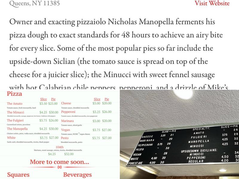 Mano's Pizzeria Menu