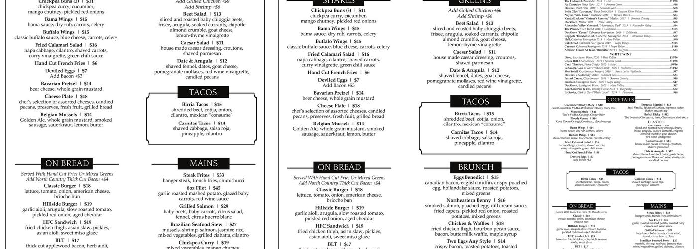 Willistons' Menu