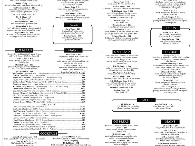 Willistons' Menu