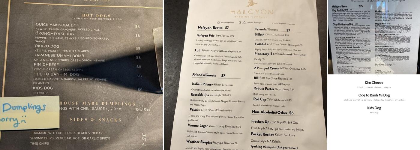 Halcyon Brewing Company Menu