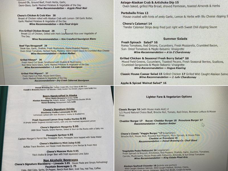 Chena's Alaskan Grill Menu