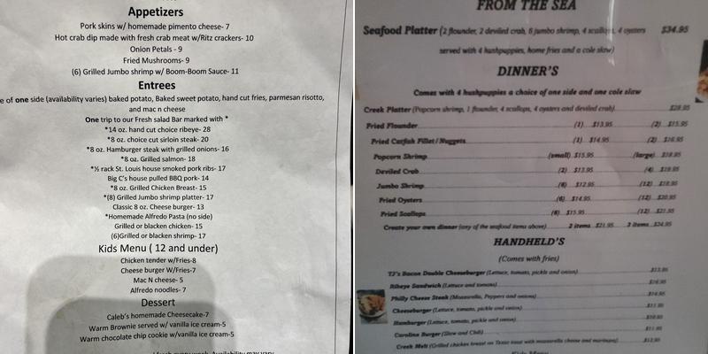 Cabin Creek Restaurant Menu