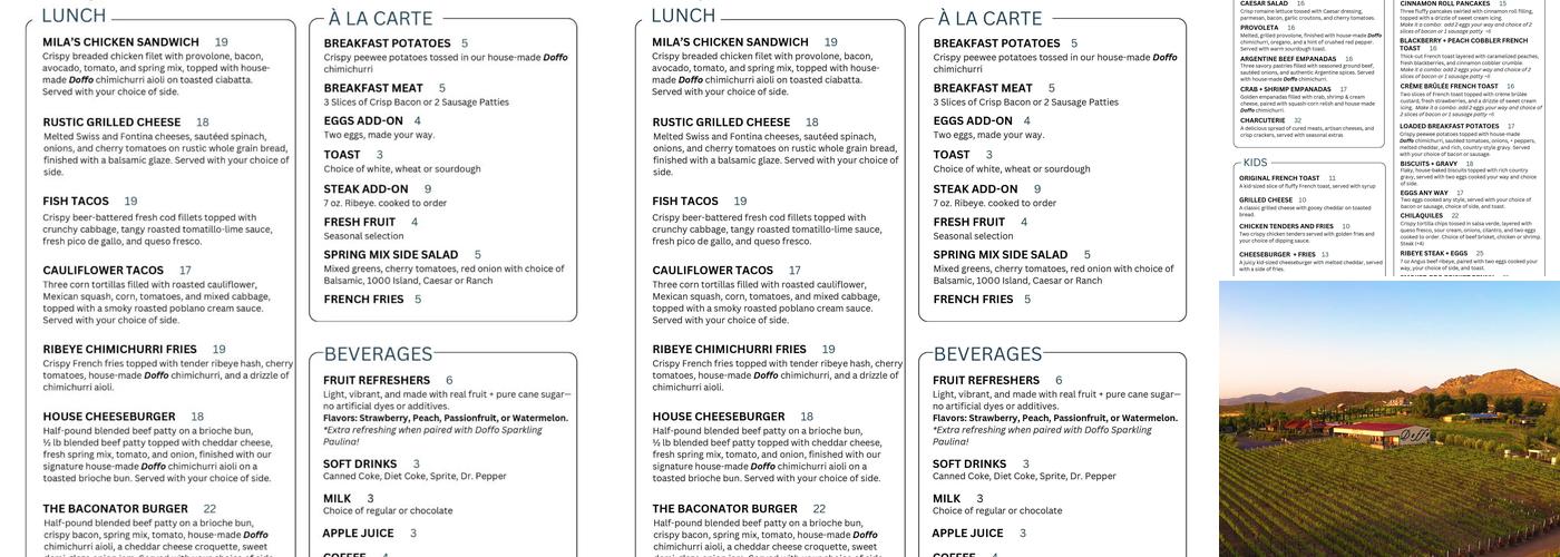 Doffo Winery Menu