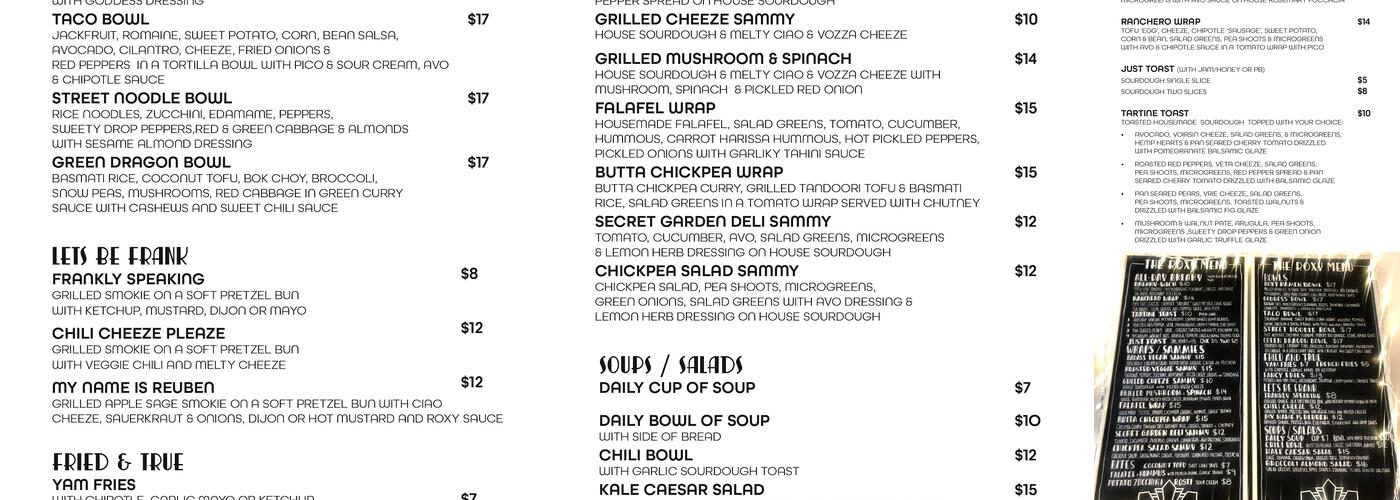 The Roxy Cafe Menu