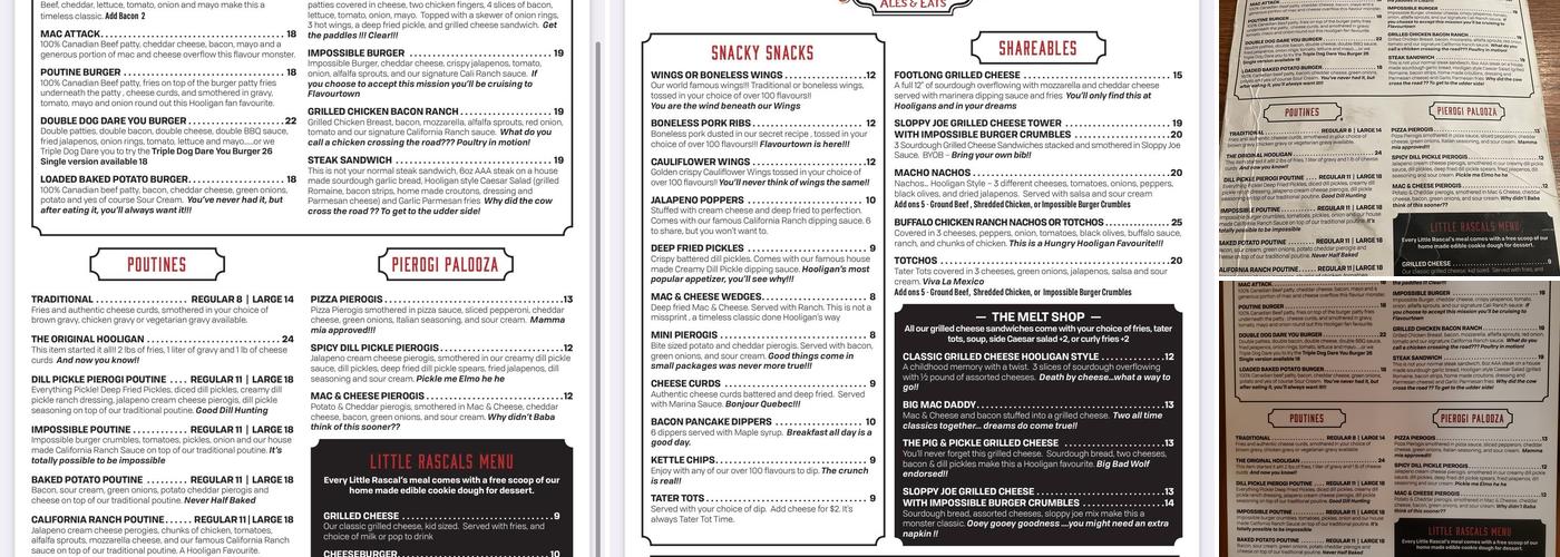Hooligans Ales & Eats Menu