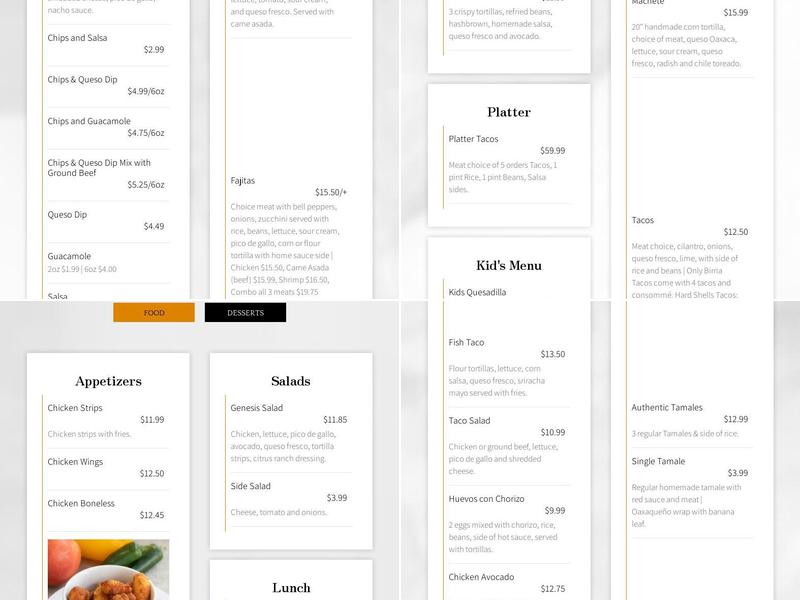 genesis restaurant Menu