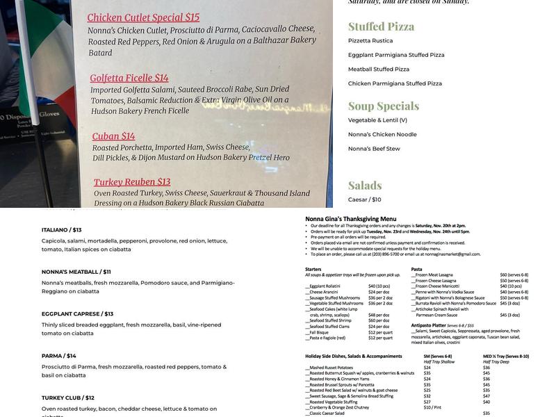 Nonna Gina's Prepared Foods & Gelateria Menu
